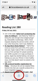 A circled example of the share button in iOS Safari